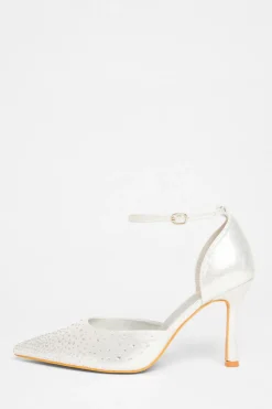 Quiz Wide Fit Diamante Court Heels Silver Clearance