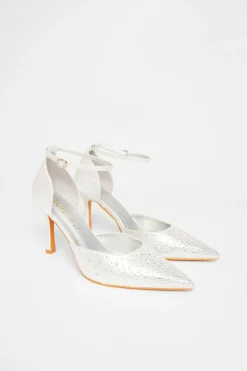 Quiz Wide Fit Diamante Court Heels Silver Clearance