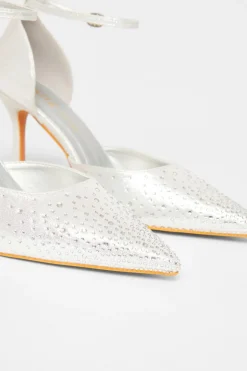 Quiz Wide Fit Diamante Court Heels Silver Clearance