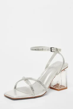 Quiz Wide Fit Diamante Heels Silver