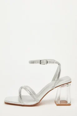 Quiz Wide Fit Diamante Heels Silver