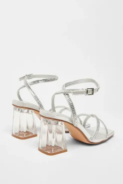 Quiz Wide Fit Diamante Heels Silver