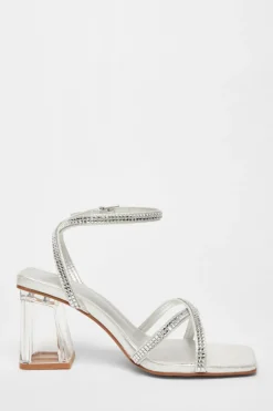 Quiz Wide Fit Diamante Heels Silver