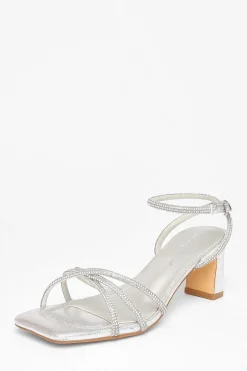 Quiz Wide Fit Diamante Strap Block Heels Silver Clearance