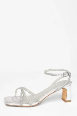 Quiz Wide Fit Diamante Strap Block Heels Silver Clearance