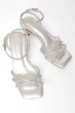 Quiz Wide Fit Diamante Strap Block Heels Silver Clearance