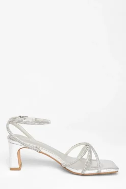 Quiz Wide Fit Diamante Strap Block Heels Silver Clearance