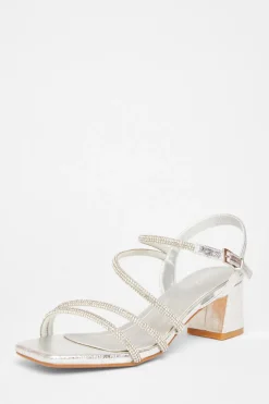 Quiz Wide Fit Diamante Block Heels Silver Discount