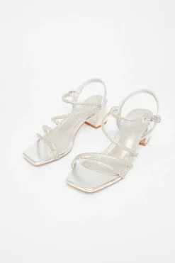 Quiz Wide Fit Diamante Block Heels Silver Discount