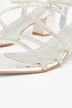 Quiz Wide Fit Diamante Block Heels Silver Discount