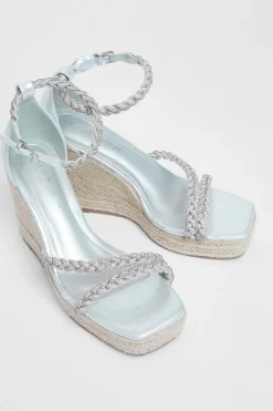 Quiz Wide Fit Diamante Platform Wedges Silver Clearance