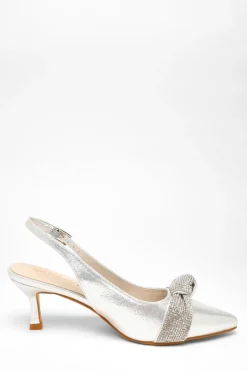 Quiz Wide Fit Silver Diamante Knot Sling Back Low Heels Online