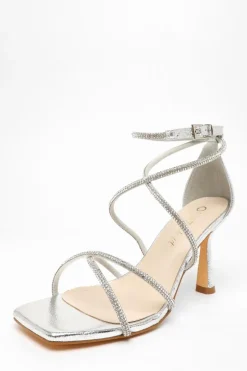 Quiz Wide Fit Silver Diamante Cross Strap Heeled Sandals Best