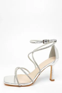 Quiz Wide Fit Silver Diamante Cross Strap Heeled Sandals Best