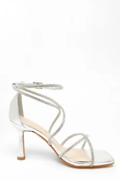Quiz Wide Fit Silver Diamante Cross Strap Heeled Sandals Best