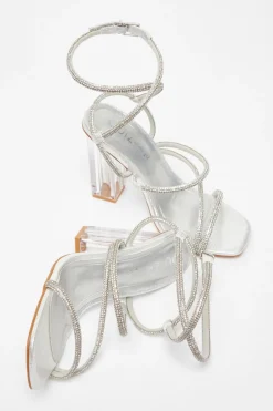Quiz Wide Fit Silver Diamante Heeled Sandals