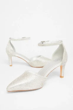 Quiz Wide Fit Diamante Court Heels Silver New