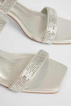 Quiz Wide Fit Diamante Strappy Heels Silver Outlet