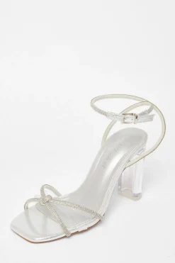 Quiz Wide Fit Diamante Clear Block Heels Silver Sale