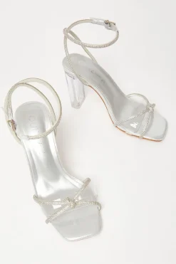Quiz Wide Fit Diamante Clear Block Heels Silver Sale