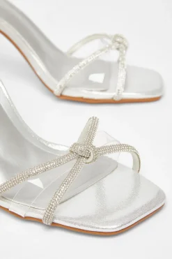 Quiz Wide Fit Diamante Clear Block Heels Silver Sale