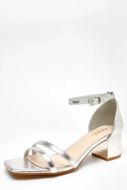 Quiz Wide Fit Silver Foil Strappy Low Block Heeled Sandals Online