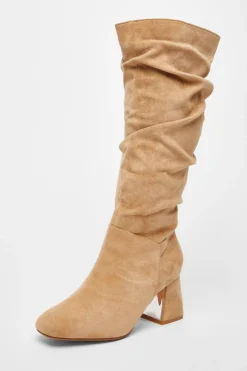 Quiz Wide Fit Knee High Faux Suede Block Heel Boots Taupe