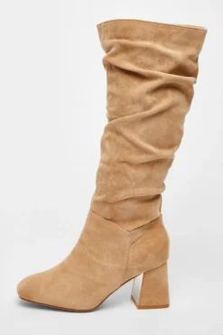 Quiz Wide Fit Knee High Faux Suede Block Heel Boots Taupe