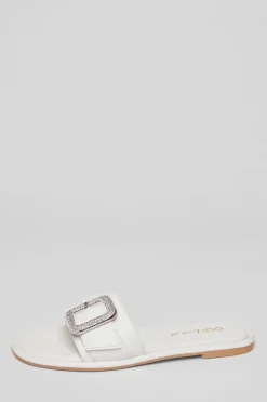 Quiz Wide Fit Diamante Buckle Sandals White New
