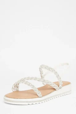 Quiz Wide Fit Diamante Flat Sandals White Clearance
