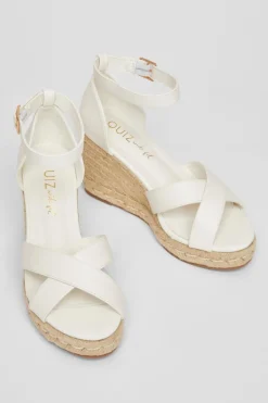Quiz Wide Fit Faux Leather Wedges White Discount