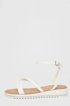 Quiz Wide Fit White Glitter Flat Sandals New