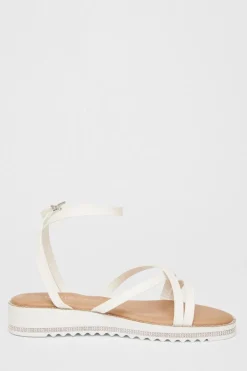 Quiz Wide Fit White Glitter Flat Sandals New
