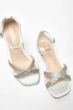 Quiz Wide Fit White Shimmer Diamante Cross Strap Flat Sandals Sale
