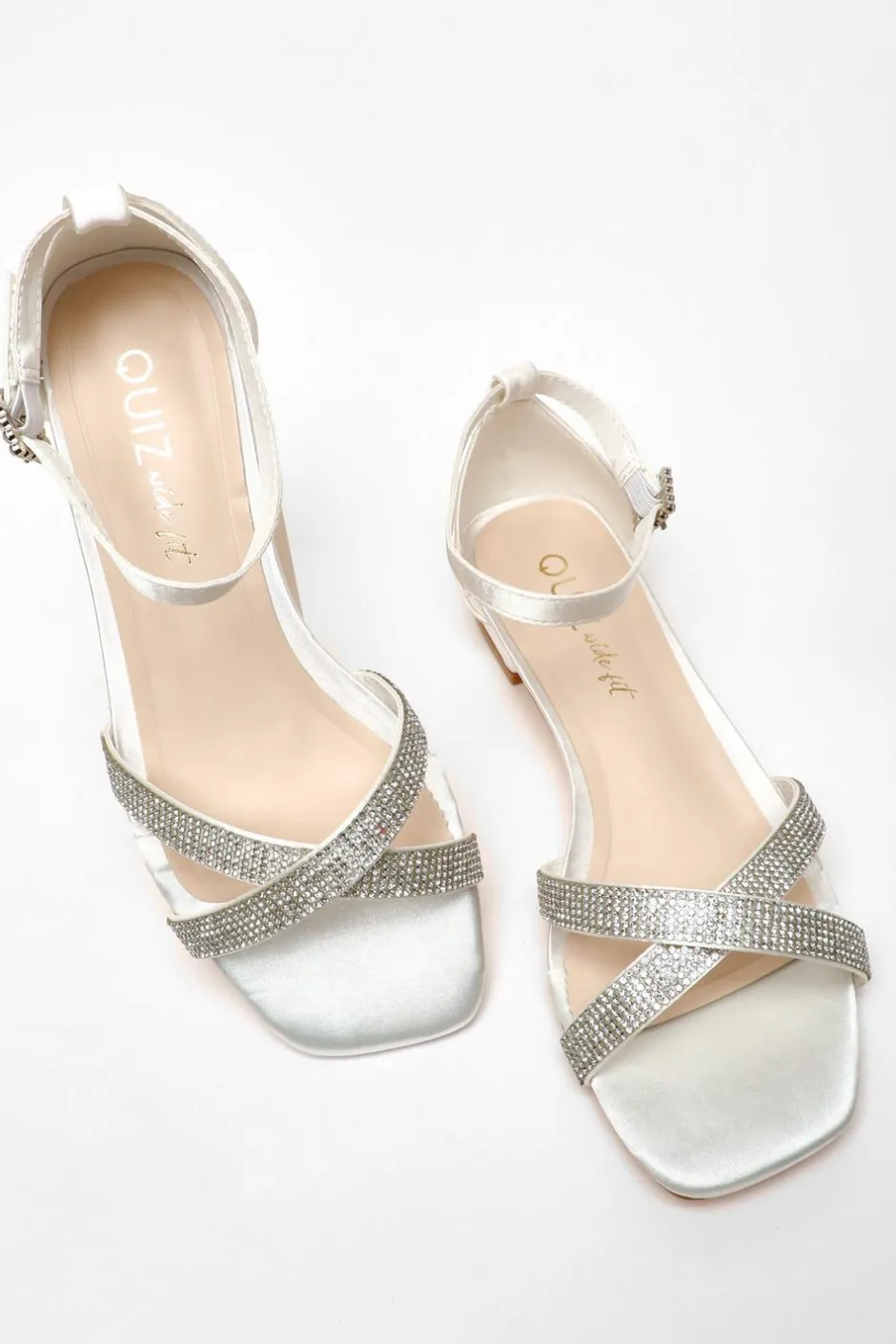 Quiz Wide Fit White Shimmer Diamante Cross Strap Flat Sandals Sale