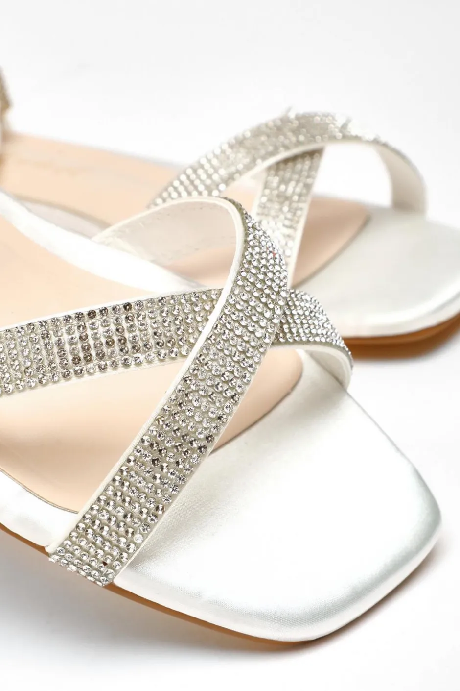 Quiz Wide Fit White Shimmer Diamante Cross Strap Flat Sandals Sale