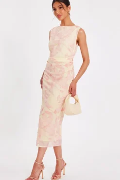 Quiz Yellow Mesh Floral Midaxi Dress New