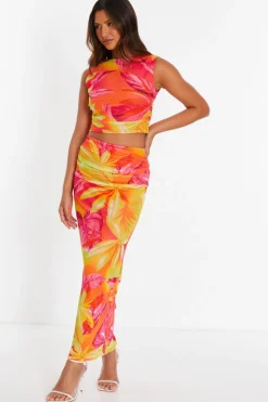 Quiz Yellow Tropical Print Mesh Maxi Skirt Best